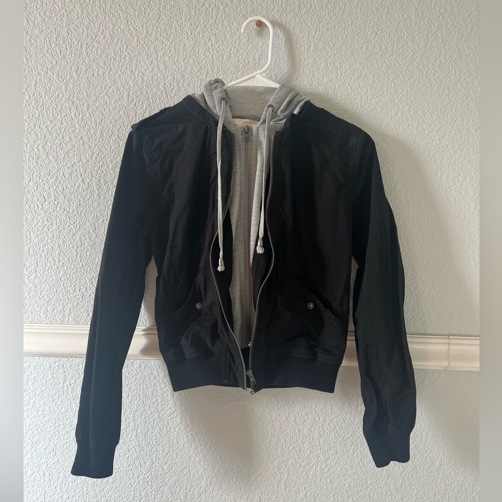 Black and gray double layered hooded jacket. Size small.